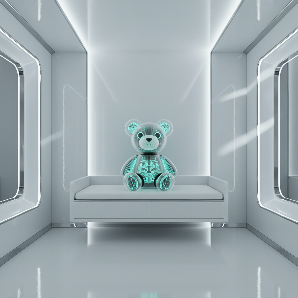 Oso de peluche transparente con circuitos luminosos cian, sentado en un sofá blanco en una habitación futurista minimalista.} {