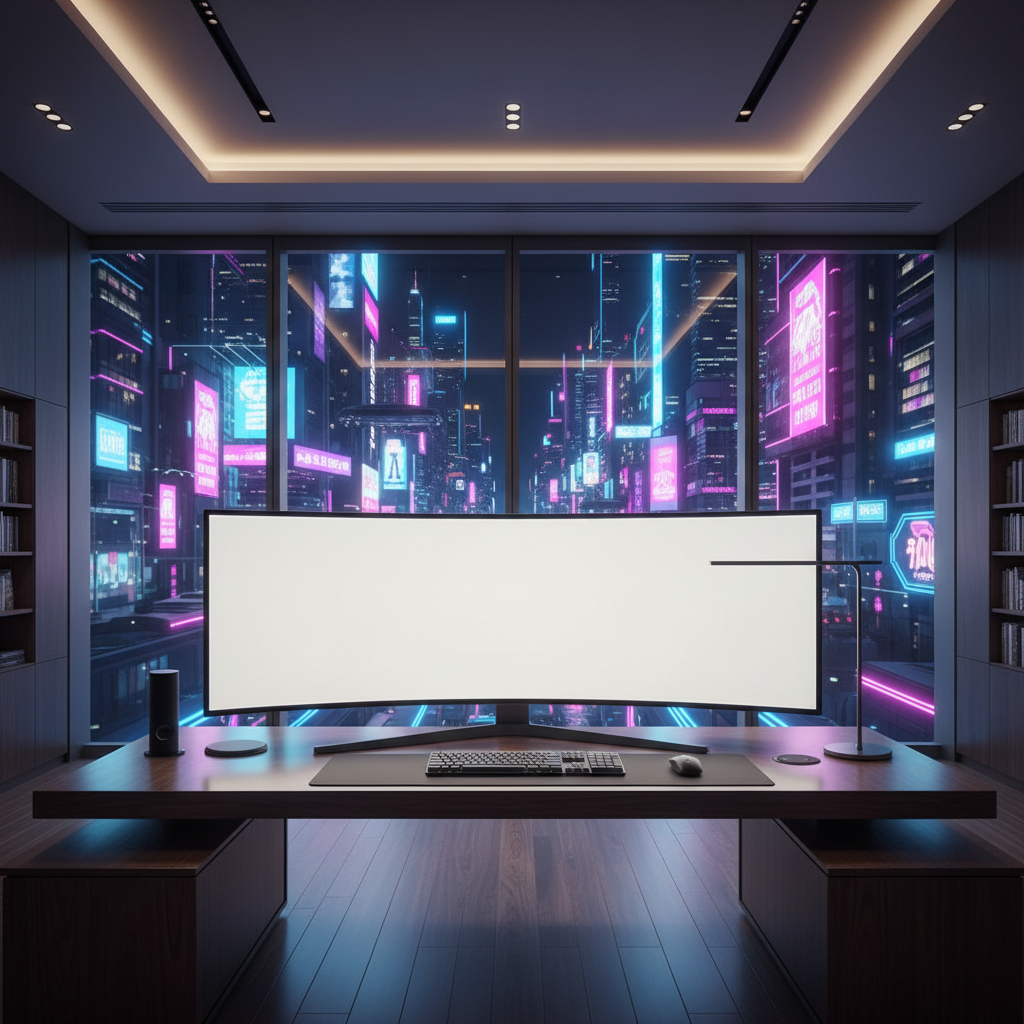 Oficina moderna con un gran monitor curvo sobre una mesa de madera oscura, teclado, ratón y lámpara de escritorio. Al fondo, una ventana panorámica ofrece una vista de una ciudad futurista nocturna iluminada con luces de neón azules y rosas.
