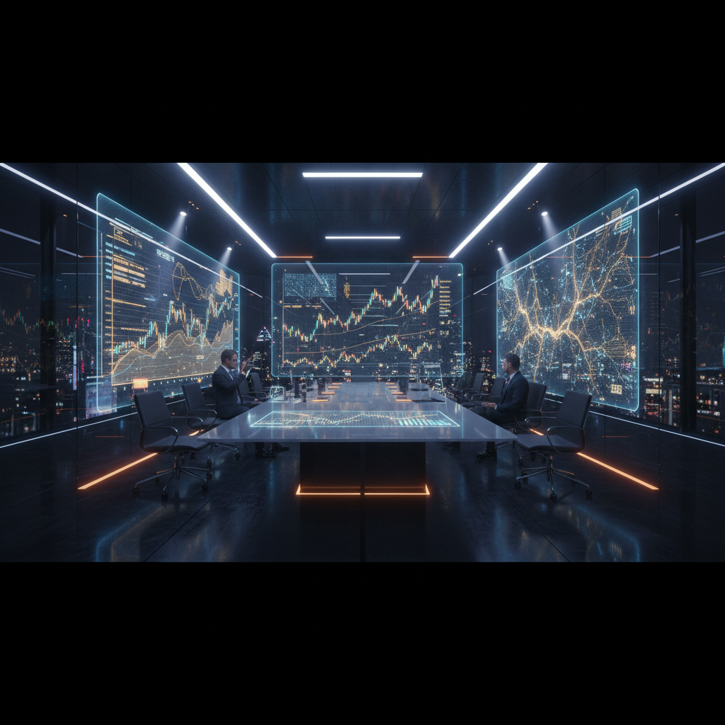 Sala de reuniones de alta tecnología con grandes pantallas transparentes mostrando gráficos de bolsa y mapas de red. Varios ejecutivos están sentados alrededor de una mesa moderna e iluminada, analizando datos con un fondo de ciudad nocturna.