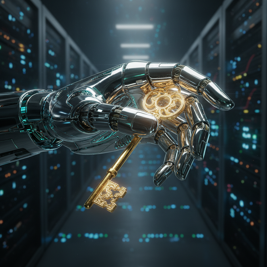 Mano robótica metálica sosteniendo una llave dorada antigua y ornamentada en un centro de datos con servidores iluminados al fondo.