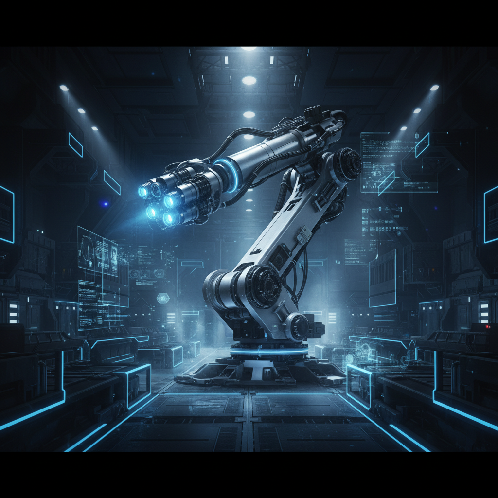 Un gran brazo robótico industrial de color gris metálico con luces azules brillantes en su extremo, ubicado en un entorno de laboratorio o fábrica oscura con múltiples pantallas holográficas y líneas de neón azules.