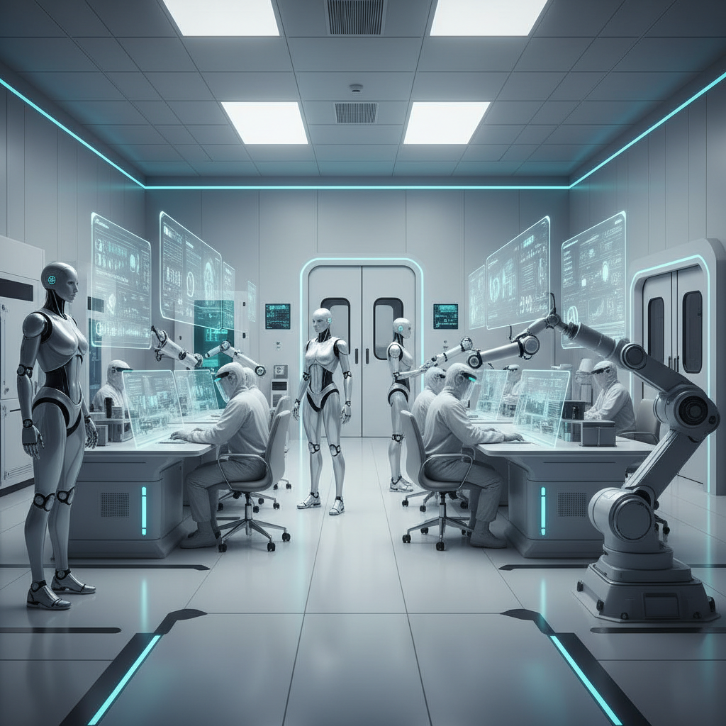 Un laboratorio futurista con robots humanoides y científicos trabajando. Los científicos están sentados en escritorios con pantallas holográficas transparentes, y varios robots blancos y plateados se mueven o manipulan brazos robóticos. La sala de color blanco tiene detalles de iluminación LED azul.