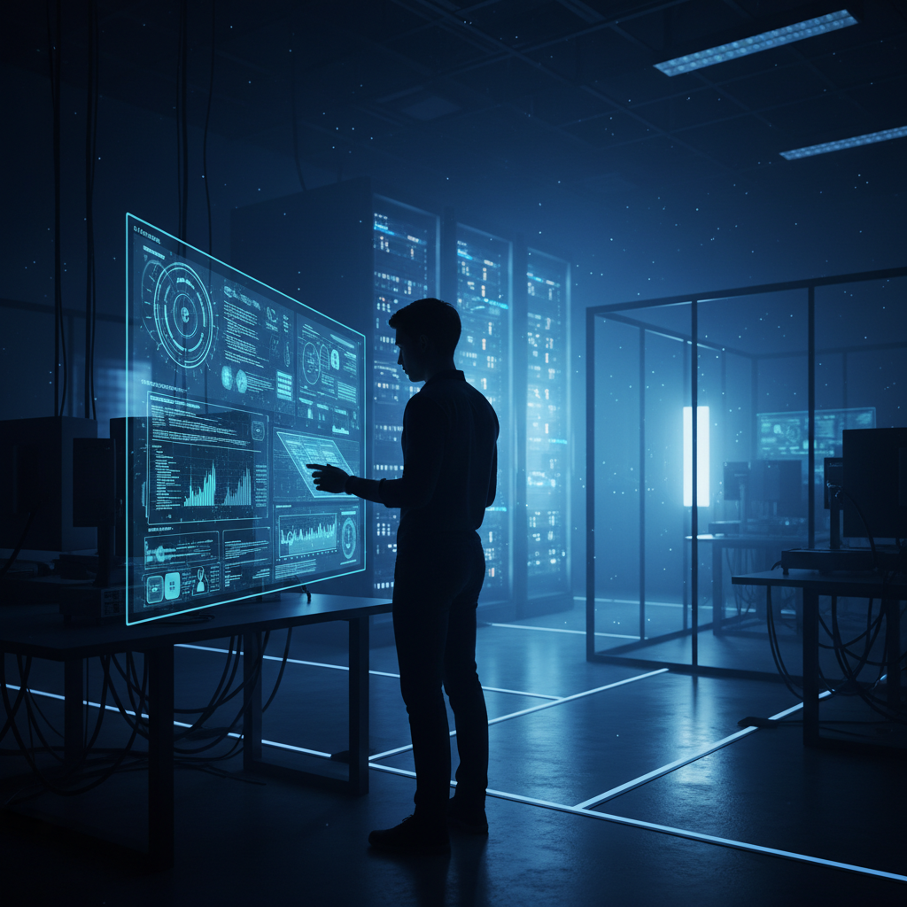 Un hombre en silueta interactúa con una gran pantalla digital transparente que muestra gráficos de datos, análisis y código en un centro de servidores iluminado en tonos azules.