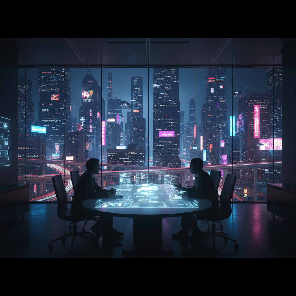 Dos hombres de negocios sentados en una mesa redonda interactiva con una interfaz holográfica, observando una ciudad futurista iluminada de noche a través de un ventanal panorámico.