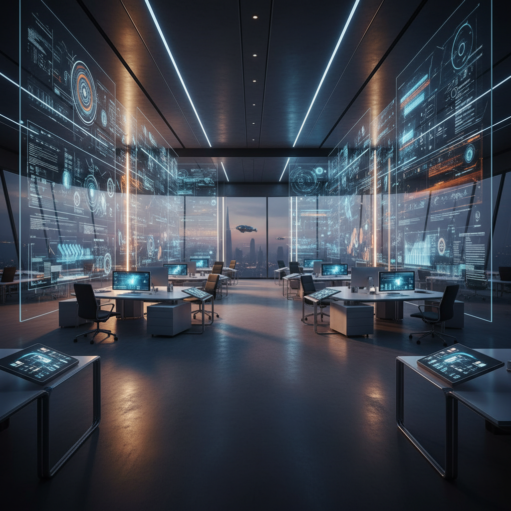 Oficina de alta tecnología con paredes de cristal que muestran interfaces holográficas de datos y gráficos, estaciones de trabajo con monitores y vista a una ciudad futurista con vehículos voladores.