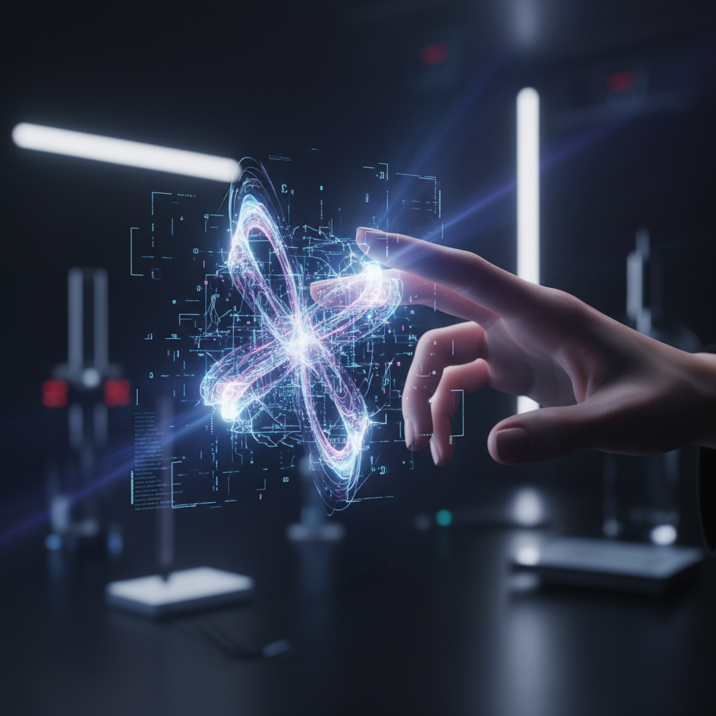 Mano humana interactuando con una proyección holográfica brillante de un átomo o estructura molecular, rodeada de elementos de interfaz de usuario y datos, en un entorno de laboratorio oscuro.