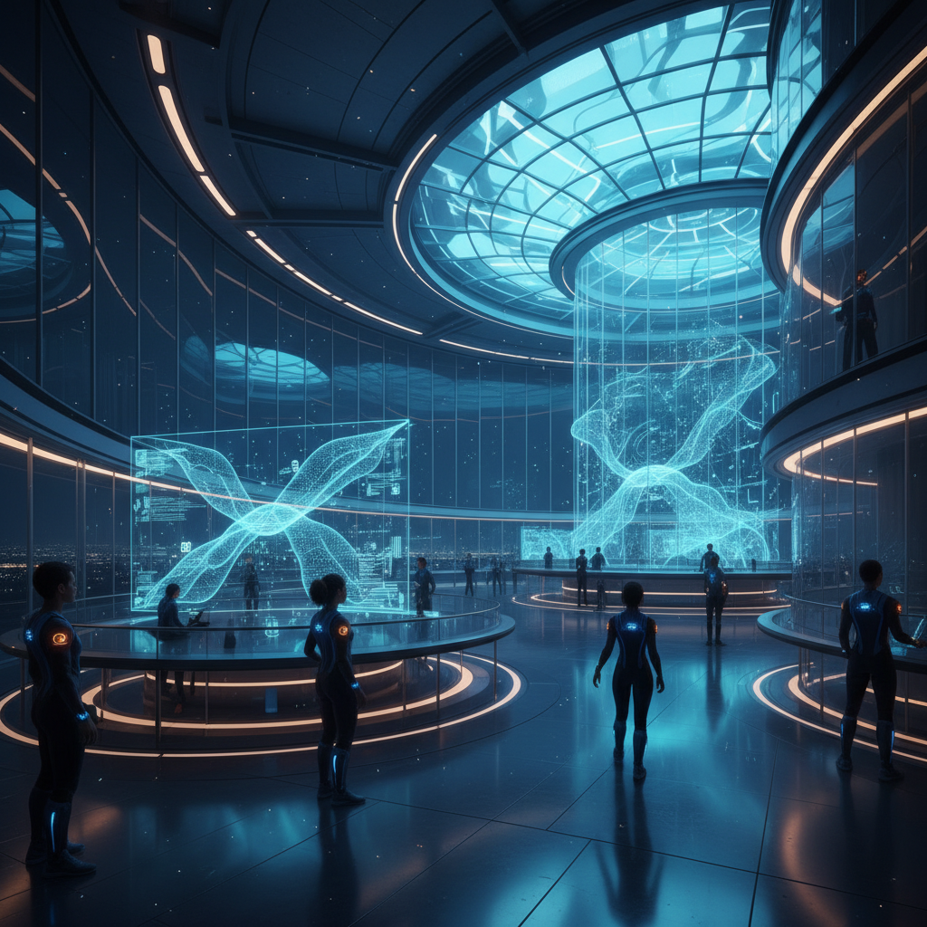 Una gran sala circular futurista con paredes de cristal que ofrecen vistas a una ciudad nocturna. Múltiples pantallas holográficas en azul brillante muestran complejas visualizaciones de datos y patrones abstractos. Varias personas con trajes tecnológicos observan e interactúan con la información en este entorno de alta tecnología.
