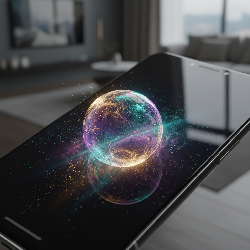 Un smartphone negro muestra en su pantalla una esfera brillante y multicolor de partículas púrpuras, cian y doradas. La esfera se refleja en la pantalla, con puntos de luz alrededor y un fondo de sala de estar moderna desenfocado.