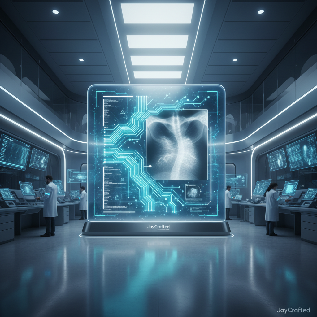 Laboratorio médico de alta tecnología con una pantalla central mostrando una radiografía de tórax integrada con circuitos digitales y datos, y personal médico trabajando en estaciones de control.