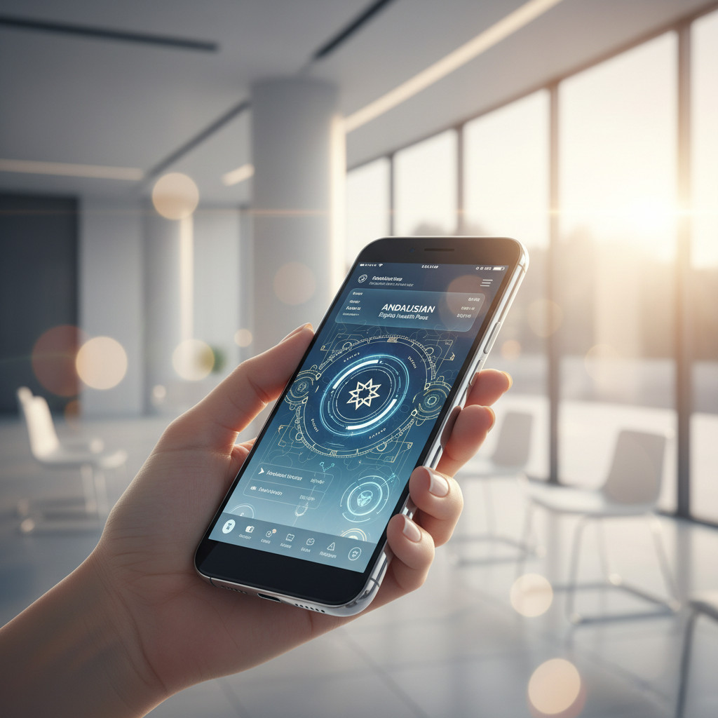 Mano sosteniendo un smartphone con la aplicación 'ANDALUSIAN Digital Health Pass' abierta, mostrando una interfaz tecnológica con gráficos circulares y un icono estrellado. El fondo es una oficina moderna y luminosa con grandes ventanales y luz solar.