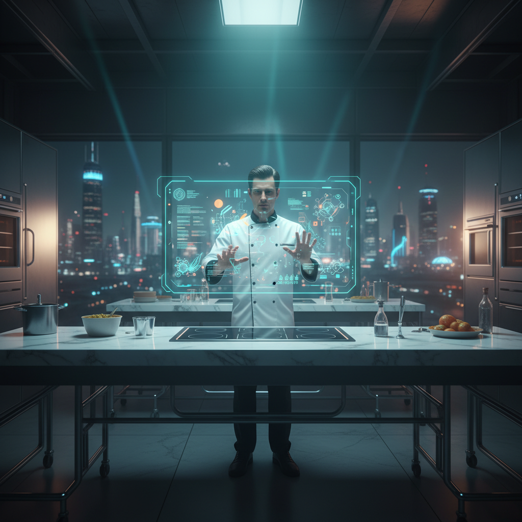 Un chef profesional vestido de blanco interactúa con una interfaz holográfica azul brillante que muestra datos y gráficos en una cocina moderna con encimeras de mármol. Al fondo, se aprecia un paisaje urbano nocturno con rascacielos iluminados.