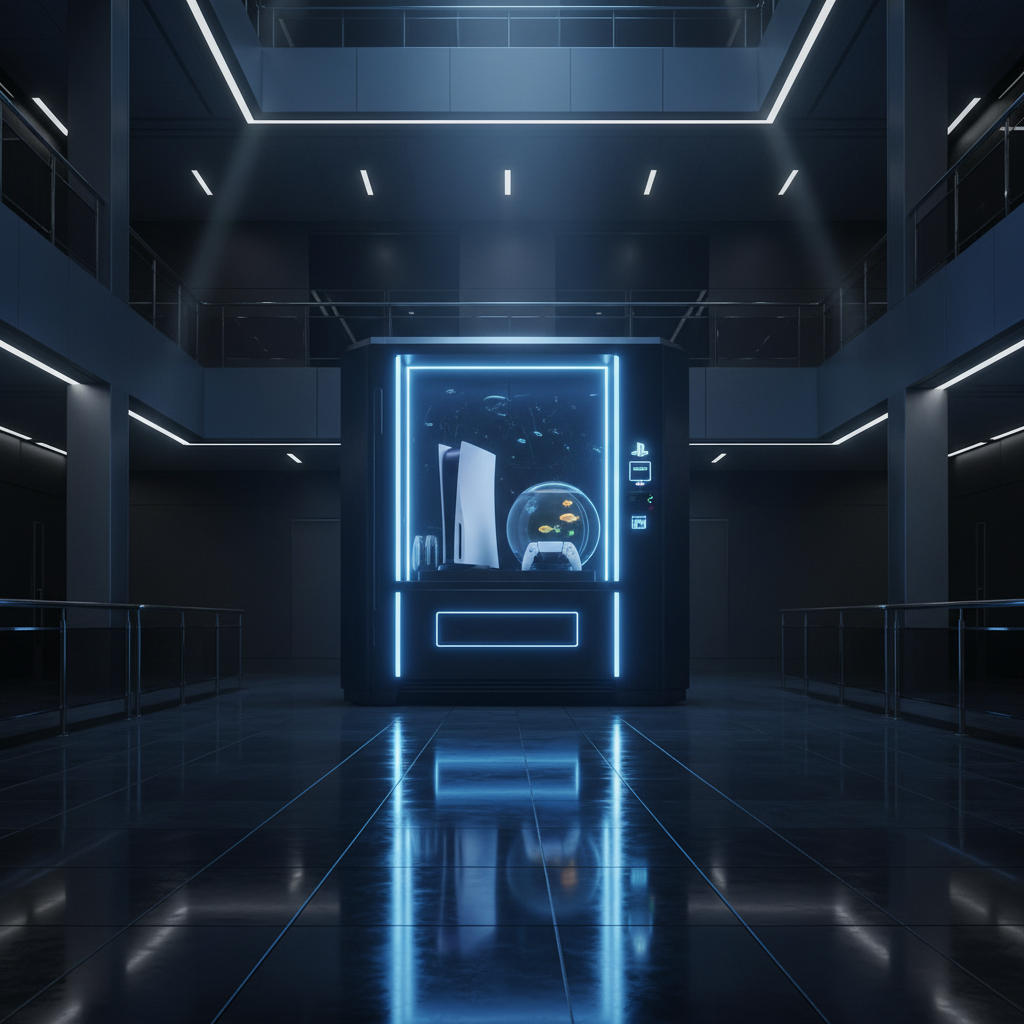 Máquina expendedora o vitrina futurista con luces de neón azules en un edificio oscuro. Exhibe una consola PlayStation 5, un mando DualSense y una pecera esférica con peces. El suelo oscuro y brillante refleja las luces.