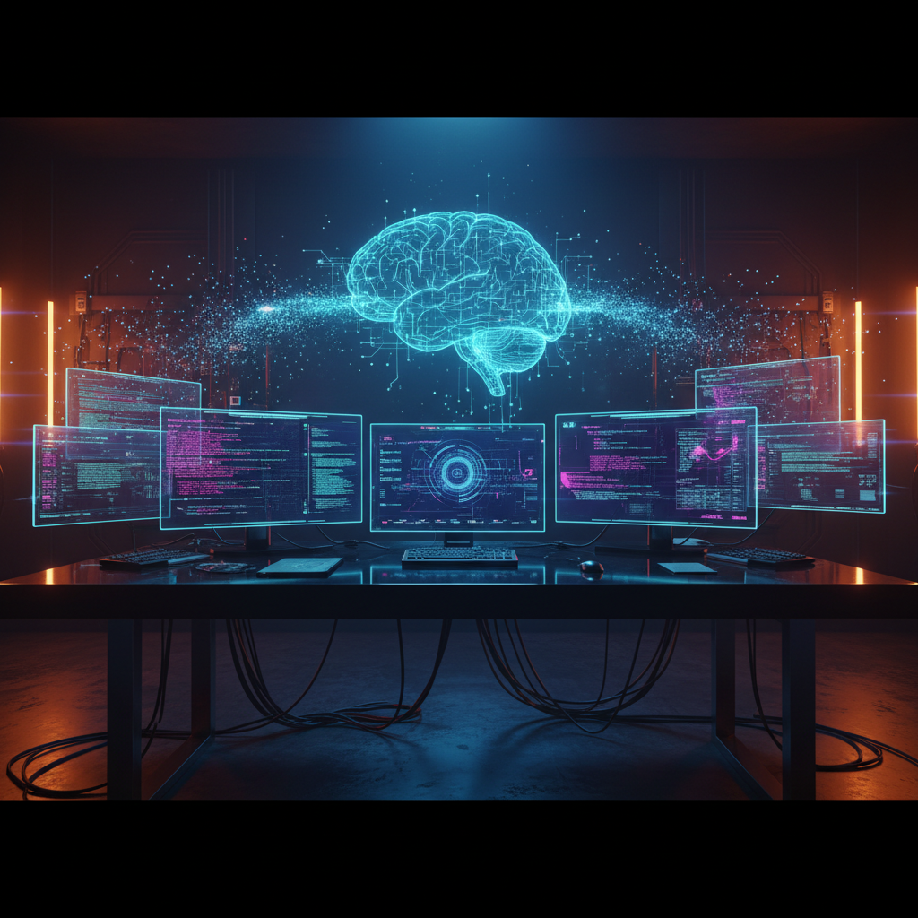 Cerebro digital brillante en el centro emitiendo datos hacia múltiples pantallas de ordenador. Las pantallas muestran código, interfaces y gráficos tecnológicos en un espacio de trabajo oscuro con luces azules y naranjas, un escritorio con teclados y cables en el suelo.