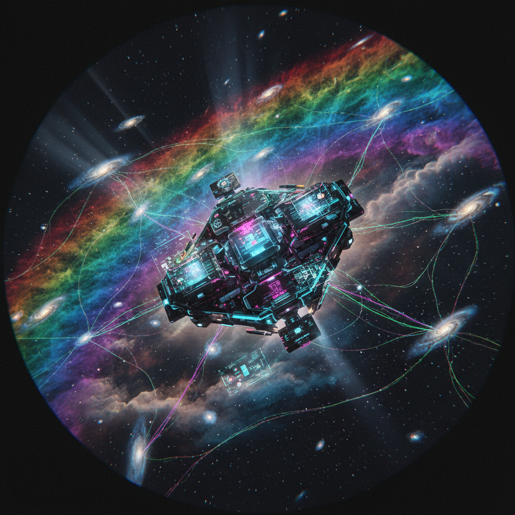 Una nave espacial futurista y compleja, con luces de neón azules y rosas, se encuentra en el centro de un vasto espacio cósmico. Detrás de ella, una nebulosa arcoíris brillante se extiende por el fondo. Numerosas galaxias espirales están interconectadas entre sí y con la nave mediante líneas de energía luminosas, creando una red intergaláctica.