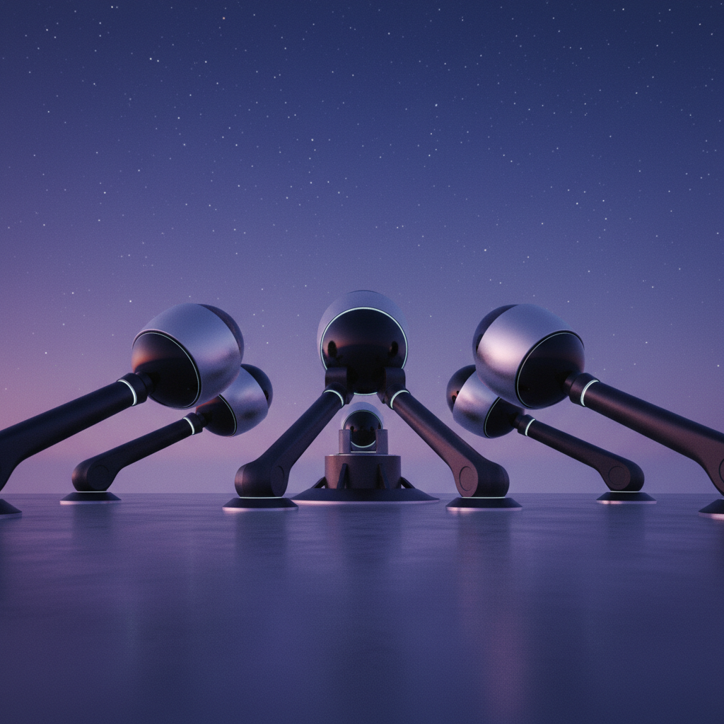 Grupo de dispositivos de vigilancia con esferas metálicas y brazos negros sobre una superficie reflectante, bajo un cielo nocturno estrellado y morado.