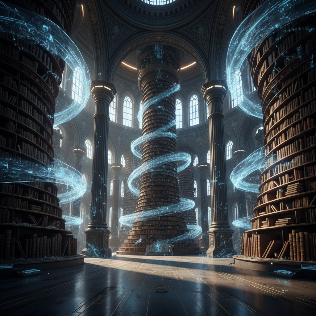 Gran sala de biblioteca futurista con estanterías cilíndricas repletas de libros y columnas ornamentadas. Líneas de energía azul brillante fluyen en espiral alrededor de las estructuras, iluminando un suelo oscuro y un techo abovedado con grandes ventanales.