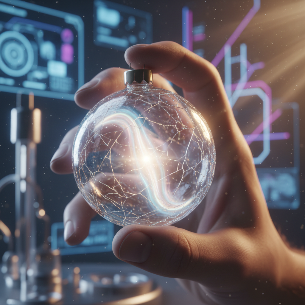 Mano sosteniendo una esfera de cristal brillante con una luz azul y blanca en su interior y una superficie agrietada, en un fondo oscuro con pantallas digitales futuristas y equipo de laboratorio.