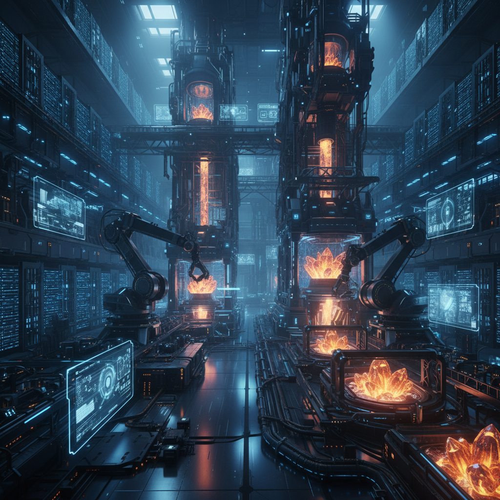 Interior de un centro de datos futurista con largas filas de servidores iluminados en azul, complejas máquinas industriales y brazos robóticos que interactúan con cristales de energía naranja brillante en el centro. Varias pantallas holográficas muestran información tecnológica avanzada.