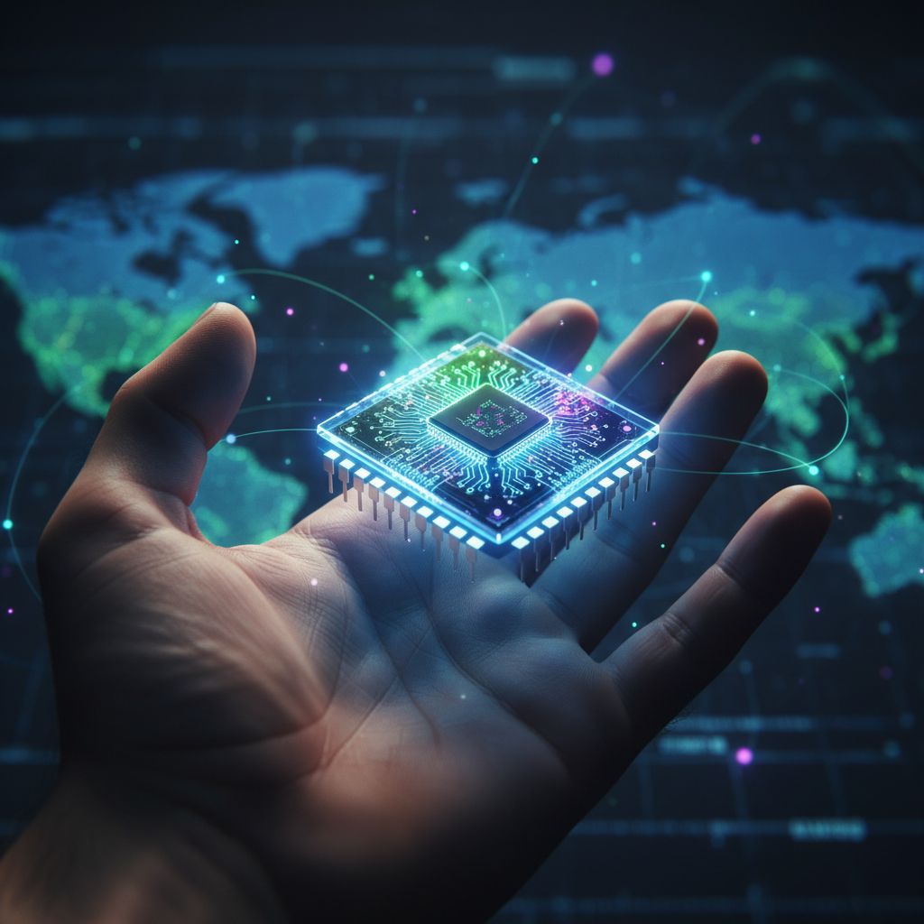 Una mano sostiene un microchip brillante con circuitos de colores, sobre un fondo difuminado de un mapa mundial con conexiones digitales.