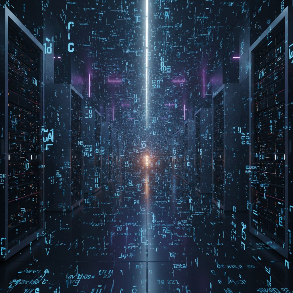 Pasillo de un centro de datos futurista con hileras de servidores negros a los lados. Las paredes, el suelo y el techo están cubiertos de caracteres y símbolos digitales azules brillantes, con una luz vertical blanca en el centro y un resplandor naranja al final.