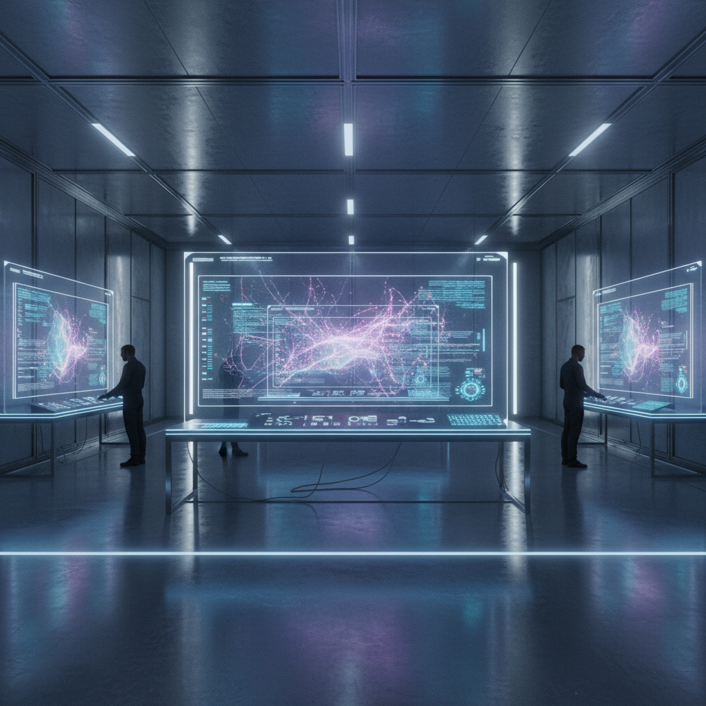 Sala de control futurista con tres grandes pantallas de interfaz de usuario holográficas que muestran redes de datos complejas y código. Dos personas interactúan con las pantallas laterales en un entorno iluminado con luces de neón azules y moradas.