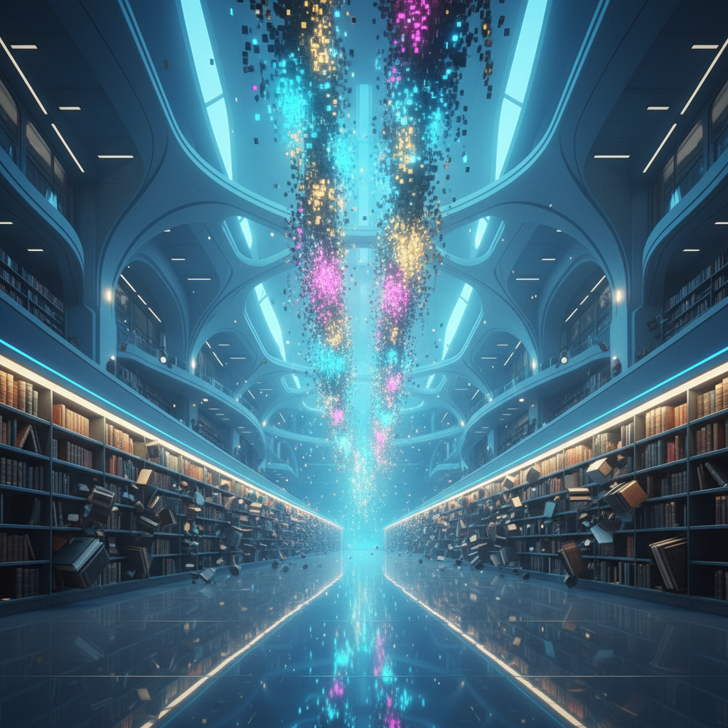 Interior de una biblioteca futurista y moderna, con estanterías repletas de libros a ambos lados. Algunos libros parecen flotar o caer de las estanterías. El espacio está iluminado con luces de neón azules y presenta un suelo reflectante. En el centro, una cascada de partículas digitales luminosas en tonos cian, rosa y amarillo desciende, simbolizando el flujo de datos y conocimiento.