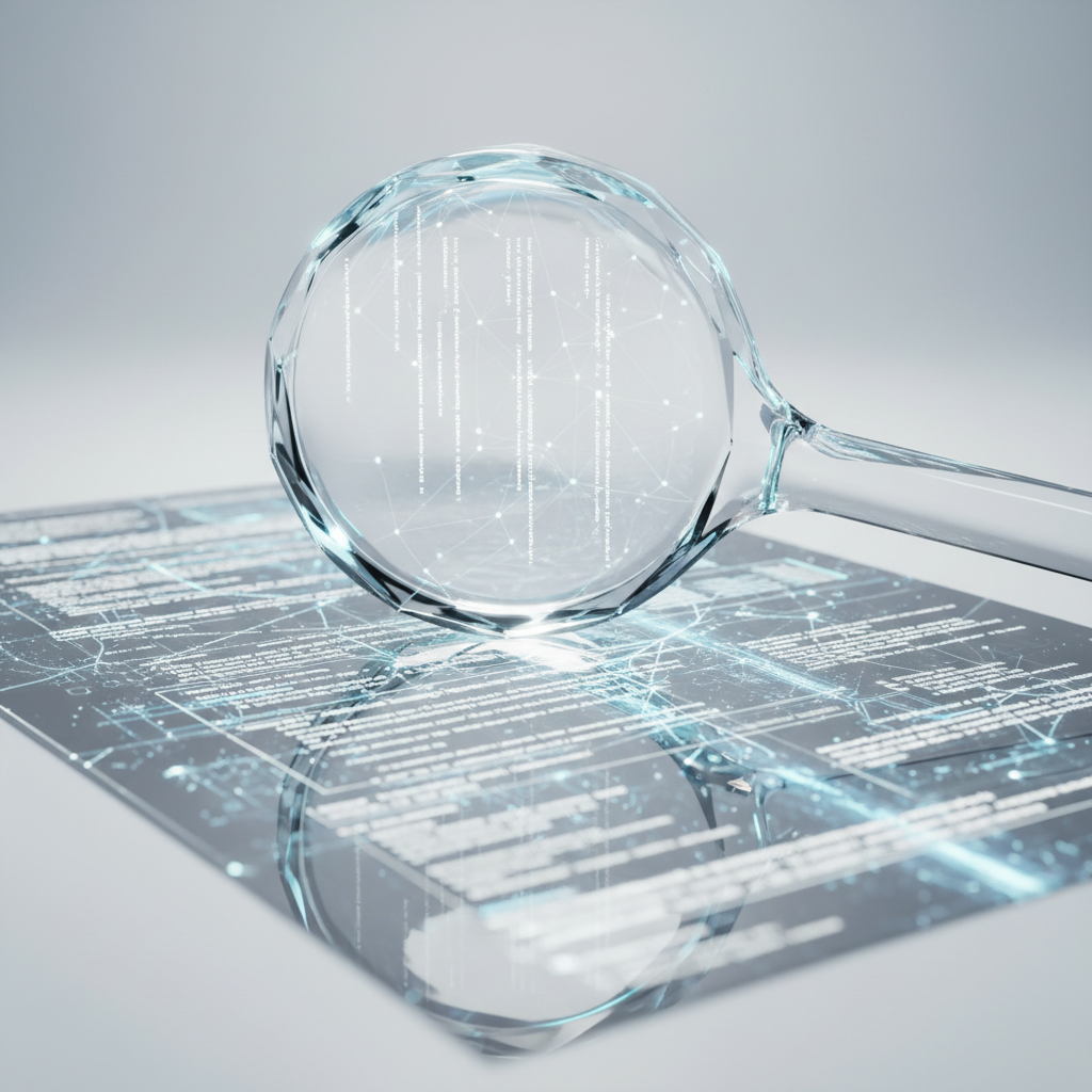 Lupa de cristal facetada sobre una superficie oscura con patrones de código, datos digitales y una red luminosa.