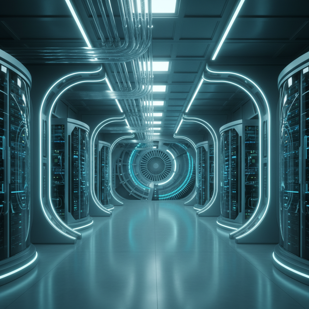 Corredor de un centro de datos futurista con filas de racks de servidores iluminados en azul a ambos lados y una gran estructura circular brillante al fondo.