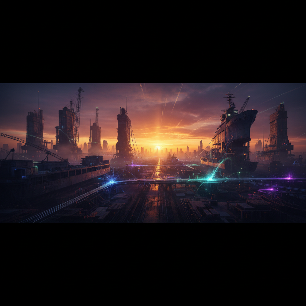 Un paisaje de un puerto industrial y futurista al atardecer, con grandes edificios, grúas y barcos. Líneas de luz brillante de colores azul, verde y morado recorren el suelo y conectan las estructuras.