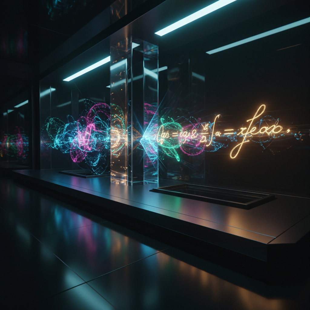 Laboratorio oscuro futurista con haces de luz de partículas vibrantes en tonos rosa, azul y naranja que fluyen entre estructuras de vidrio, y ecuaciones científicas holográficas luminosas en verde y naranja flotando en el aire.
