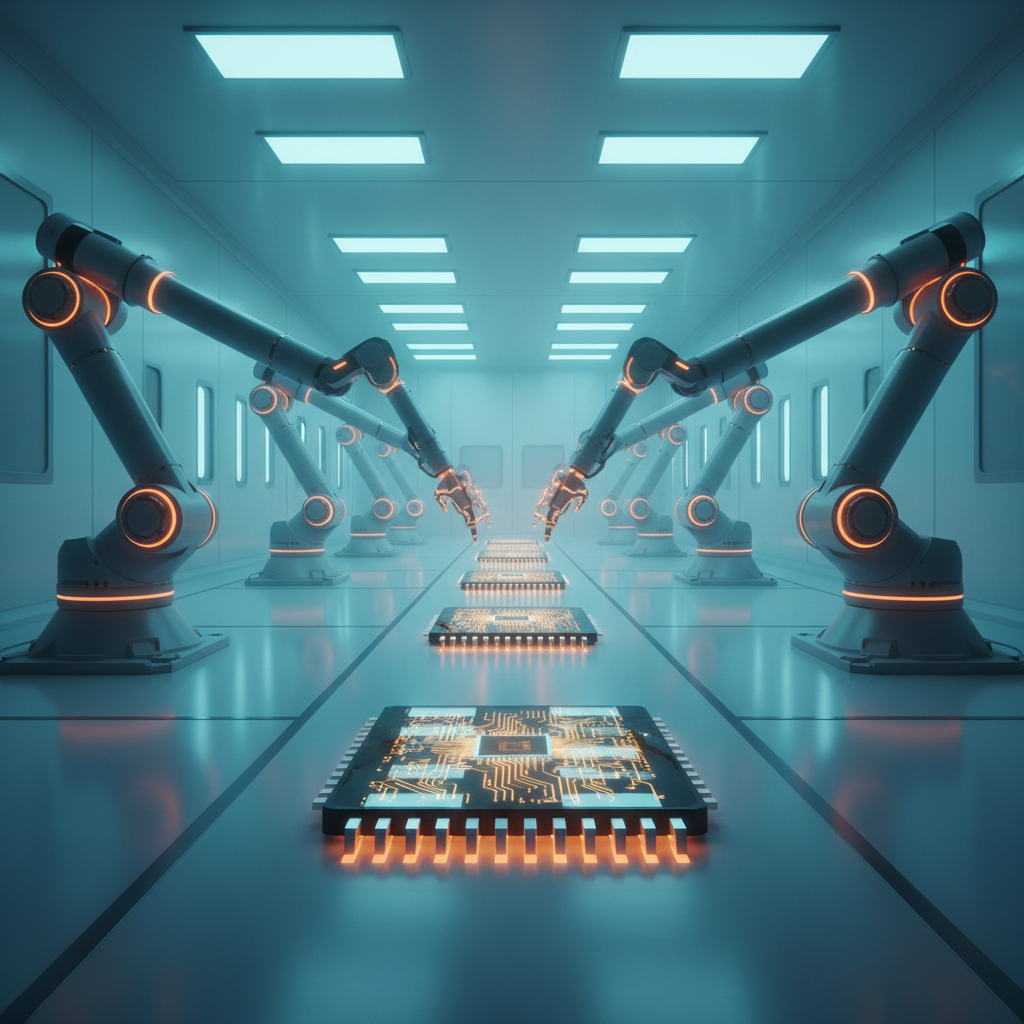Brazos robóticos industriales blancos y negros con detalles naranjas brillantes, ensamblando microchips luminosos en una línea de producción automatizada dentro de una fábrica limpia y moderna con iluminación azul y verde.