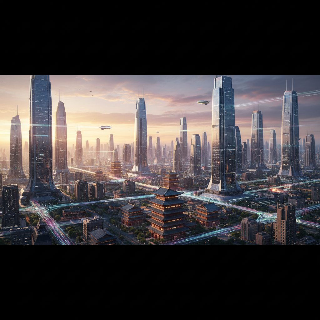 Paisaje urbano futurista al atardecer, mostrando rascacielos altos y modernos junto a edificios tradicionales de estilo pagoda asiática. Las carreteras y vías elevadas están iluminadas con estelas de luz de colores, y hay vehículos voladores en el cielo.