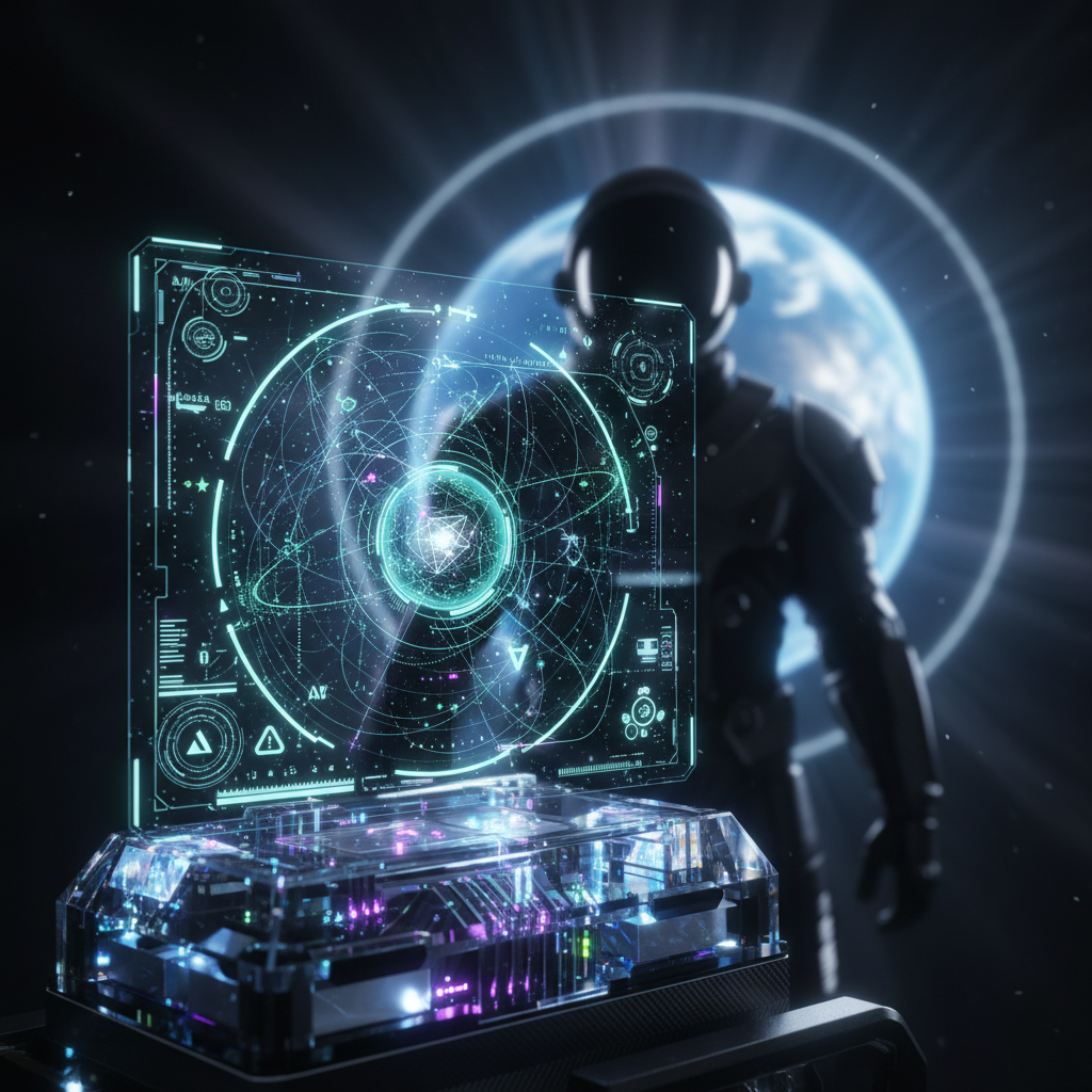 Pantalla holográfica futurista con interfaz de datos complejos en tonos azul y verde, apoyada sobre una base transparente con componentes electrónicos luminosos. Al fondo, la silueta borrosa de un astronauta y un planeta Tierra brillante con anillos de luz.