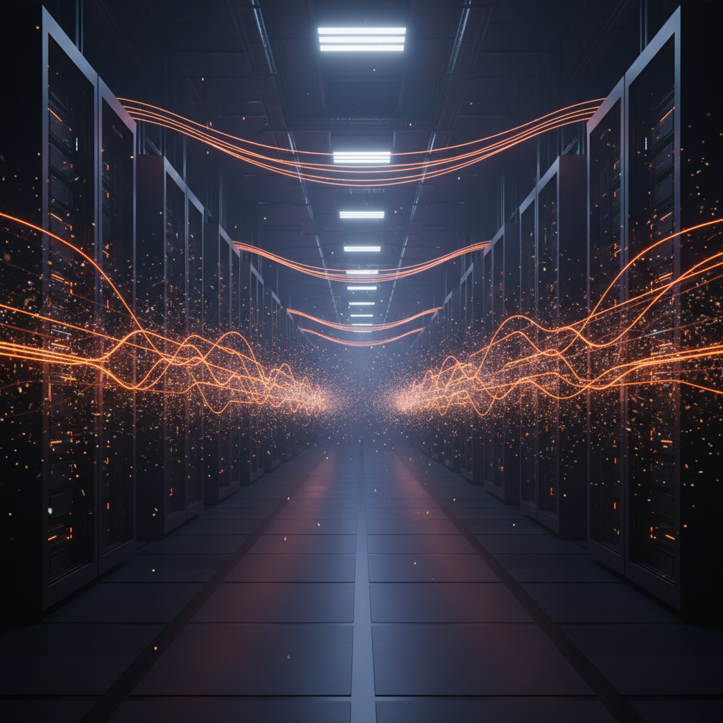 Pasillo de un centro de datos oscuro con filas de racks de servidores negros a los lados. Líneas de datos naranjas brillantes y partículas luminosas fluyen dinámicamente a lo largo del pasillo.