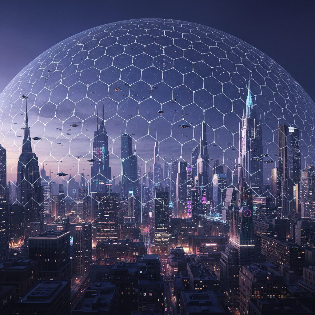 Ciudad futurista nocturna cubierta por una cúpula geodésica hexagonal transparente, con rascacielos iluminados, calles brillantes y numerosos vehículos voladores sobrevolando la metrópolis.