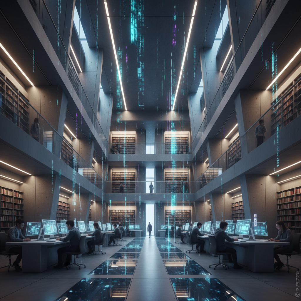 Interior de una biblioteca o centro de datos futurista de varios niveles. Se ven estanterías con libros, personas trabajando en ordenadores y flujos de datos digitales de color turquesa y violeta cayendo del techo y reflejándose en el suelo.