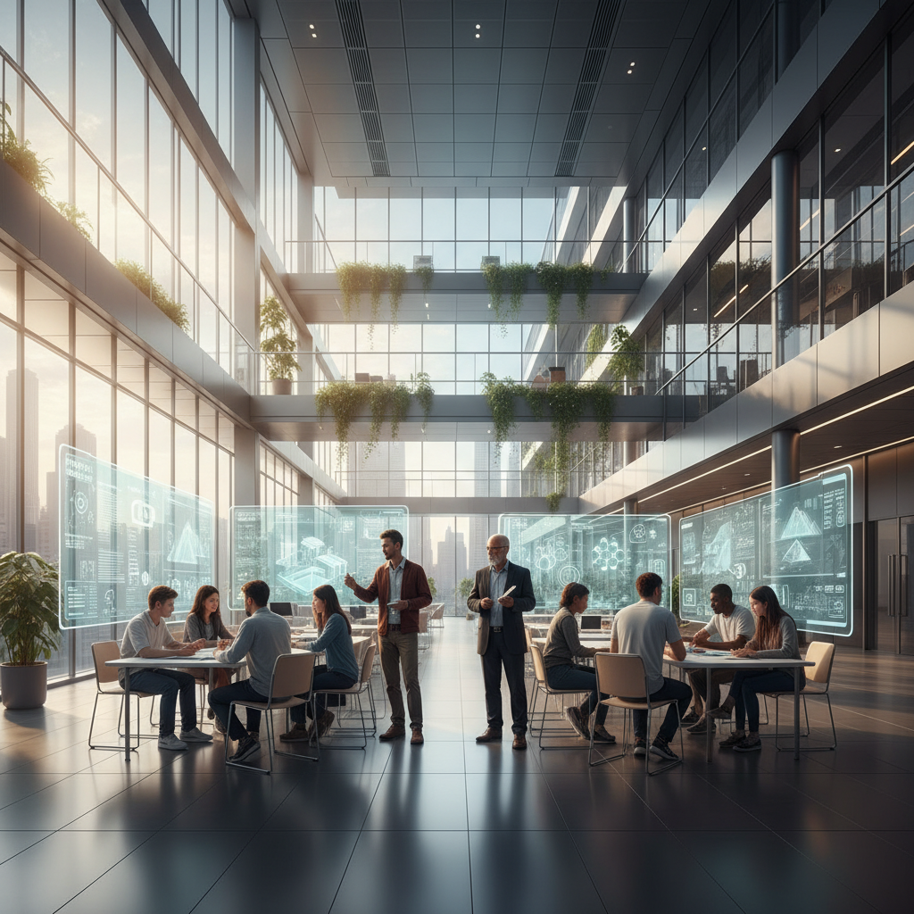 Un grupo de profesionales colabora en una oficina moderna y luminosa con grandes ventanales, vistas a la ciudad y plantas colgantes. Varias personas están sentadas en mesas interactivas con pantallas holográficas que muestran gráficos y datos técnicos, mientras dos hombres de pie discuten al centro.