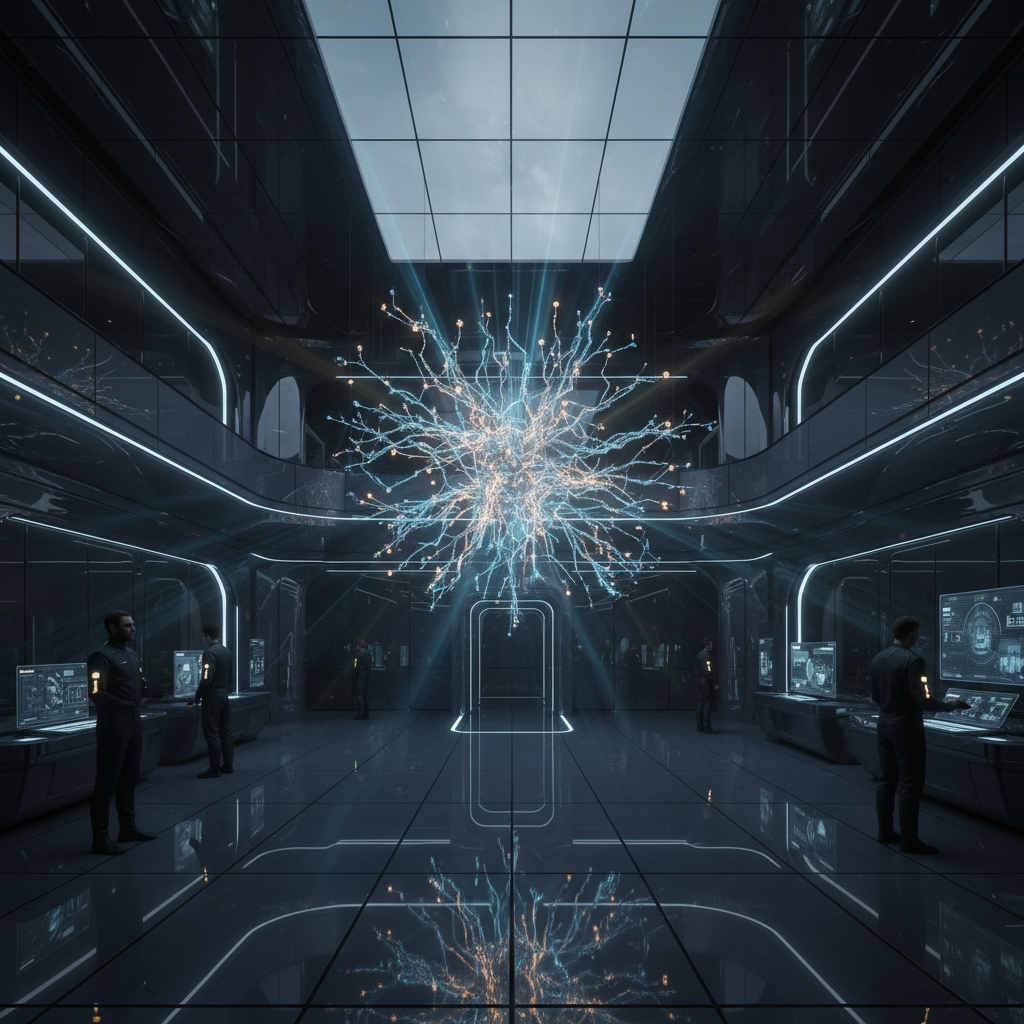 Gran sala de control futurista con diseño oscuro y luces de neón azules, una proyección holográfica central de una red neuronal brillante en tonos azules y naranjas, y varias personas operando consolas. El suelo pulido refleja la escena.