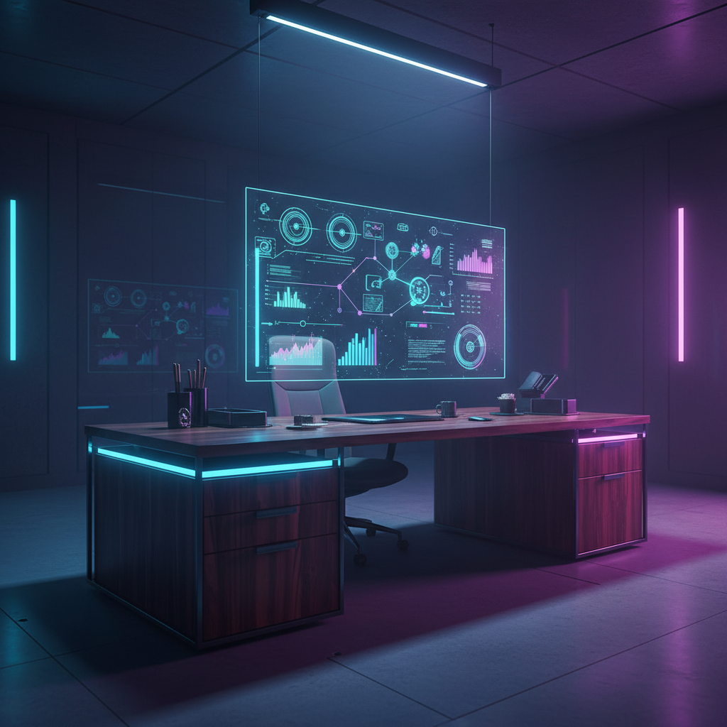 Oficina de estilo futurista con un gran escritorio de madera oscura iluminado con luces de neón azules y rosas. Una pantalla transparente flotante muestra gráficos y datos tecnológicos. La sala está ambientada con luces de neón en paredes y techo.