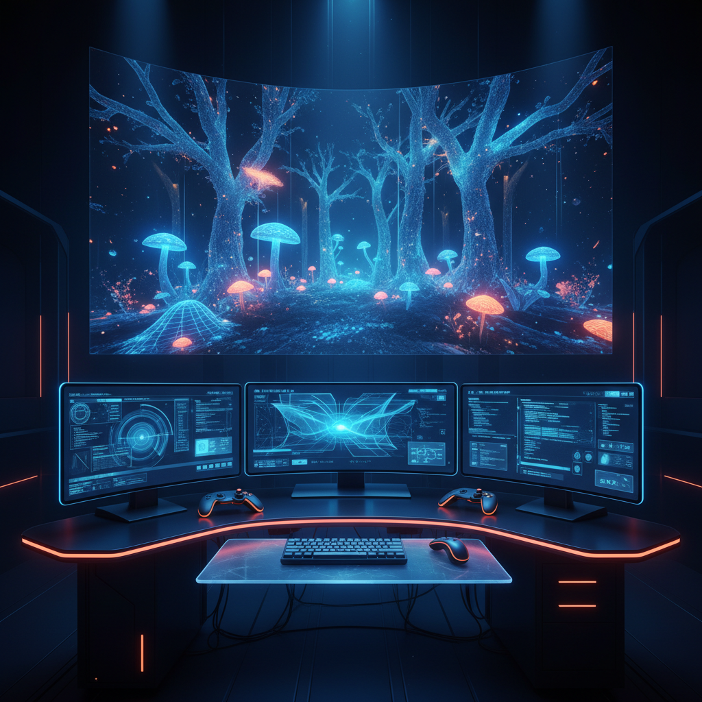 Un puesto de ordenador gaming futurista con iluminación LED azul y naranja. Una gran pantalla curva muestra un bosque digital con árboles de neón y setas luminosas. Debajo, tres monitores muestran interfaces de datos y código. Un teclado, ratón y dos mandos de juego se encuentran en el escritorio.