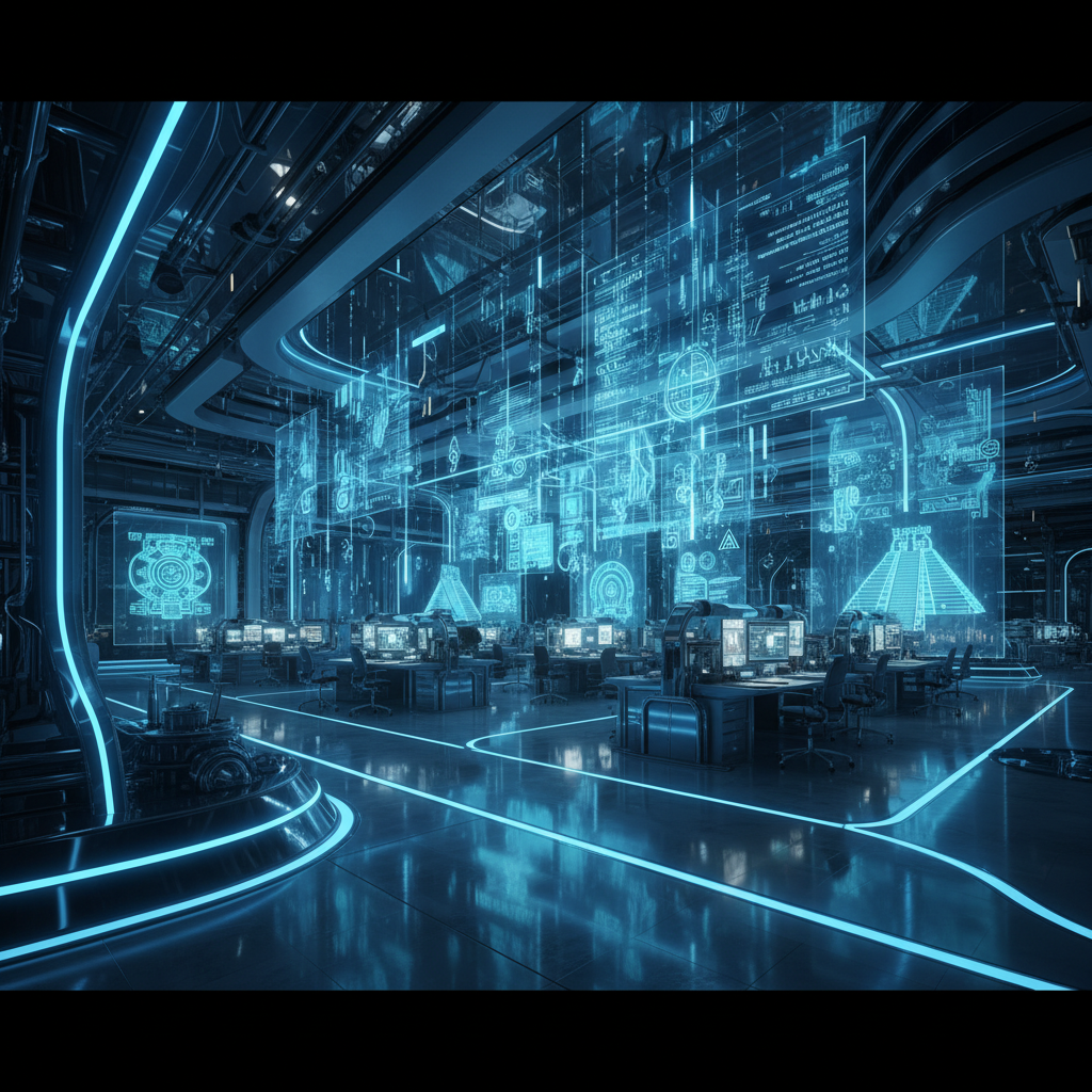 Sala de control futurista de alta tecnología con iluminación ambiental azul y líneas de neón brillantes, que presenta múltiples estaciones de trabajo con ordenadores y grandes pantallas holográficas transparentes mostrando datos, gráficos y esquemas complejos.
