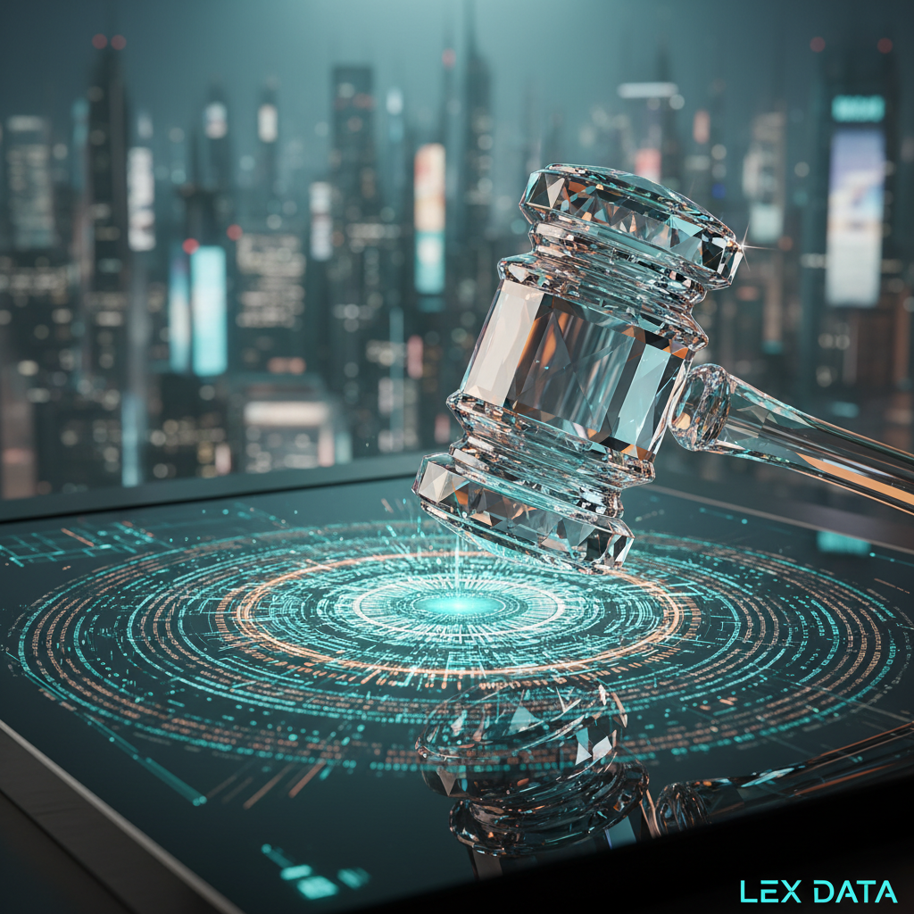 Mazo de justicia de cristal transparente flotando sobre una superficie digital que muestra un patrón circular de datos luminosos y su reflejo. Al fondo, se observa una ciudad nocturna borrosa, y en la esquina inferior derecha, el texto 'LEX DATA'.