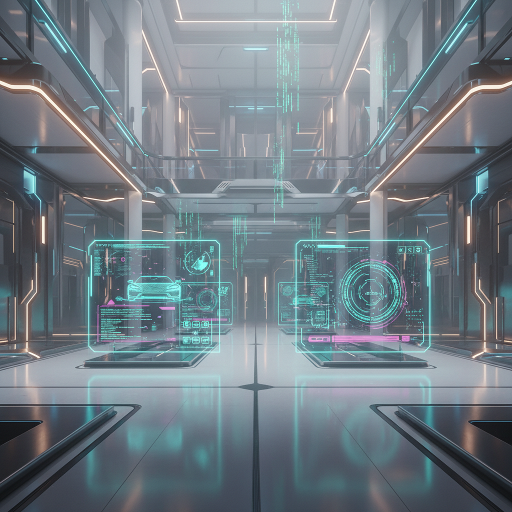 Interior futurista de alta tecnología con paredes y techos iluminados en azul y naranja. Dos pantallas holográficas muestran un coche digital y complejas visualizaciones de datos, mientras flujos de código verde descienden del techo en un ambiente moderno y reflectante.