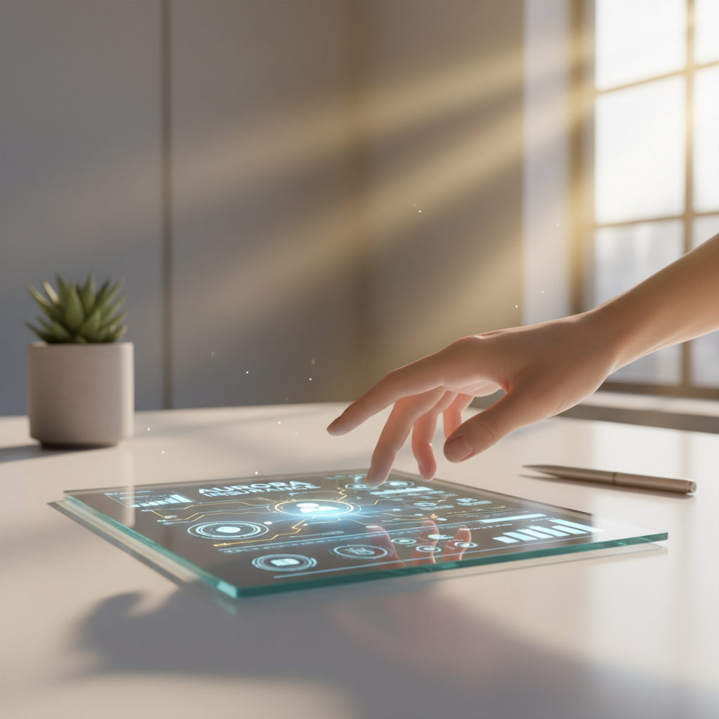 Una mano interactúa con una tableta de cristal que proyecta una interfaz holográfica de 'AURORA INSURANCE' con datos y gráficos, sobre un escritorio de oficina con una planta y un bolígrafo, bajo la luz del sol.