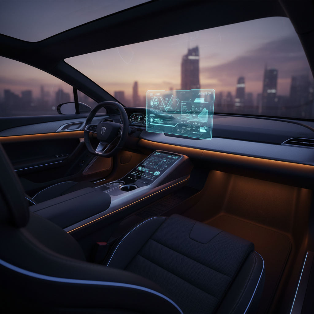 Interior de un coche moderno y futurista con una pantalla holográfica flotante en el salpicadero que muestra gráficos y datos. La consola central también tiene una pantalla digital y el habitáculo cuenta con iluminación ambiental de tonos ámbar. A través del parabrisas se ve el horizonte de una ciudad con rascacielos al anochecer.