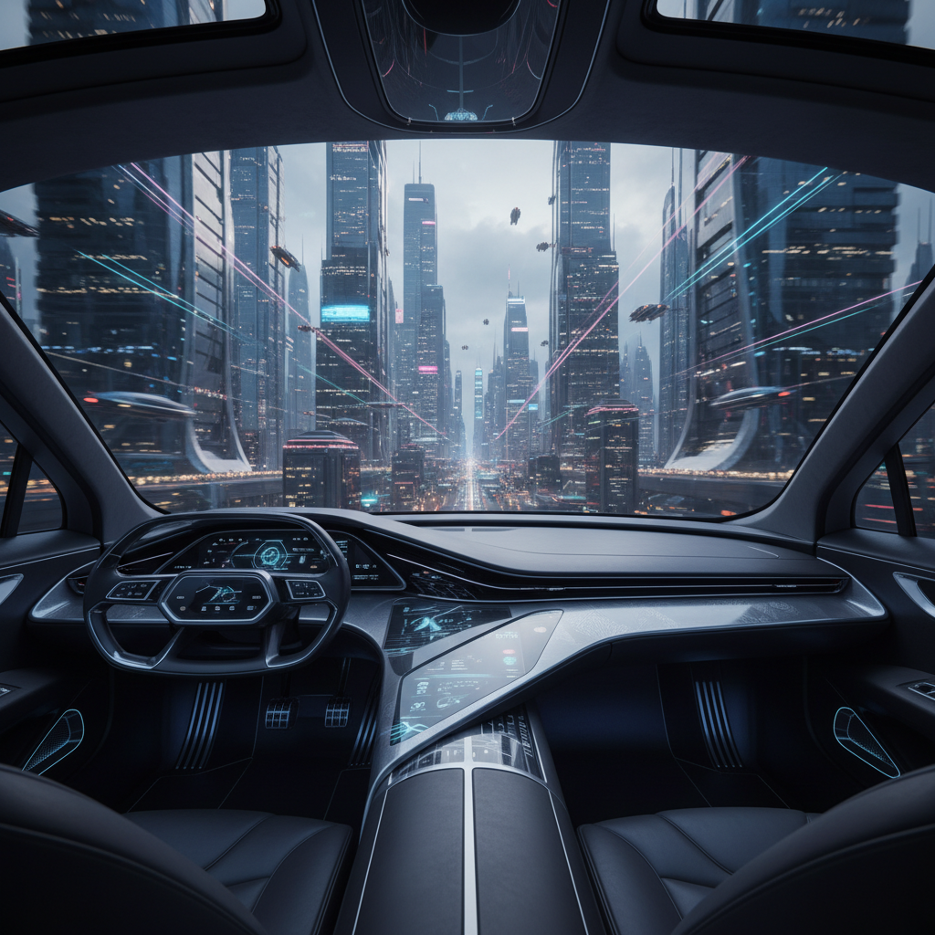 Vista desde el interior de un coche futurista con salpicadero digital y volante, mostrando una ciudad con rascacielos, vehículos voladores y líneas de luz de neón.} {
