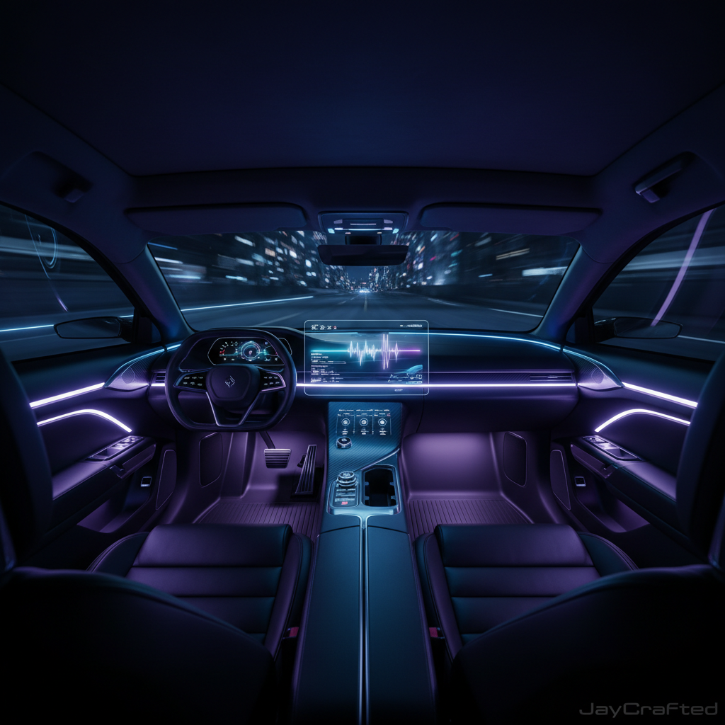 Interior de coche moderno con luces ambientales moradas y azules, pantalla transparente en el salpicadero y ciudad nocturna borrosa de fondo.