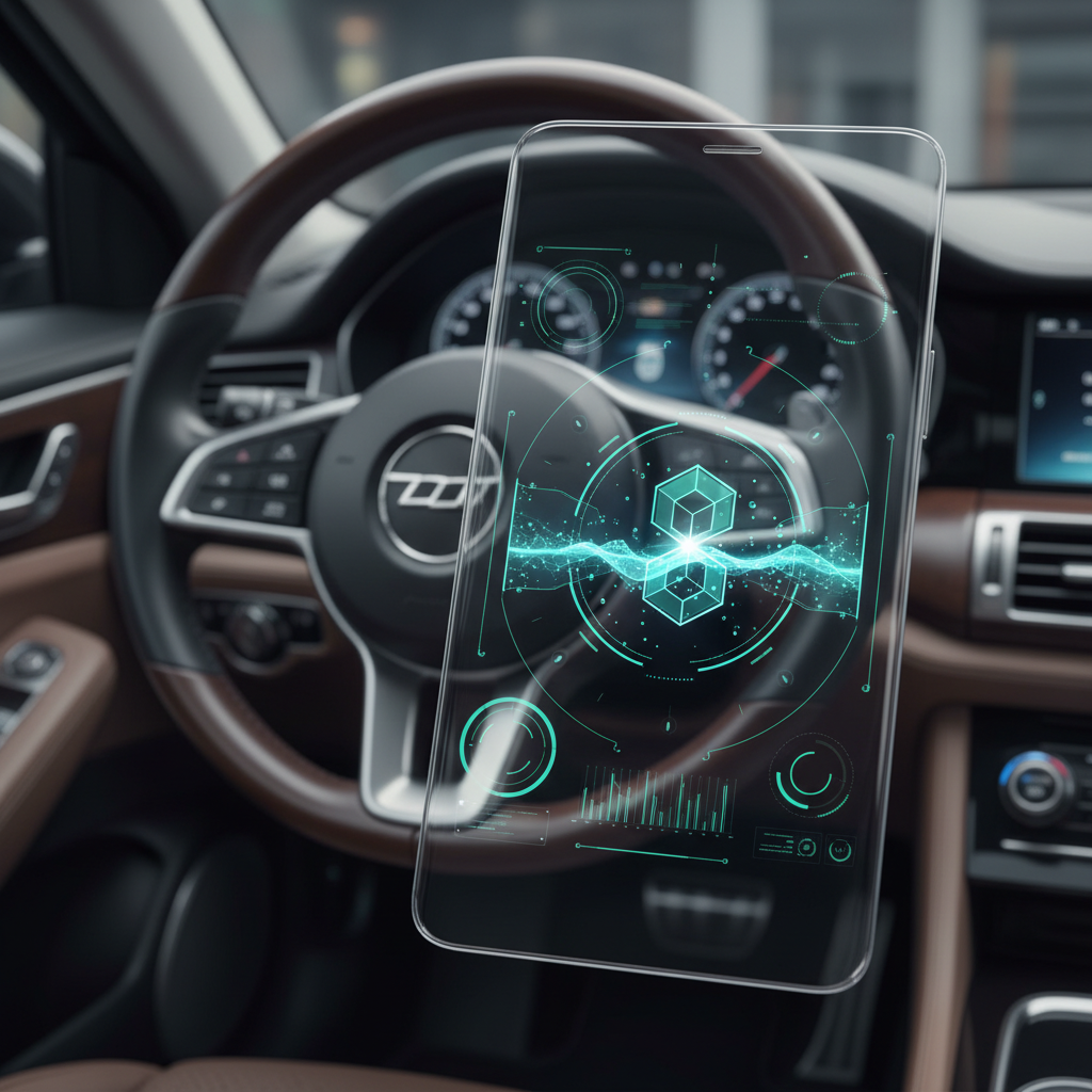 Interior de un coche moderno con volante de cuero, salpicadero digital y un smartphone transparente flotando que muestra una interfaz holográfica con gráficos tecnológicos y cubos cian.