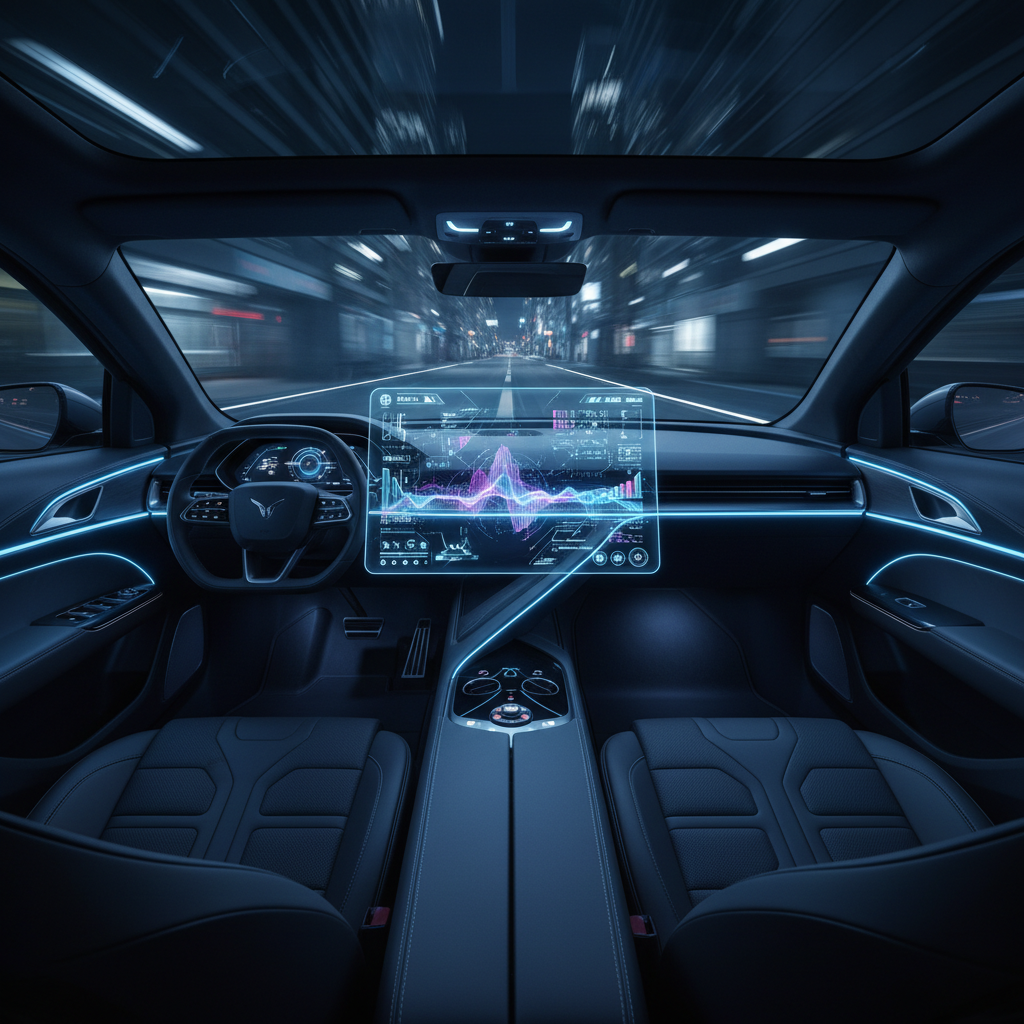 Interior futurista de un coche de alta tecnología con una pantalla holográfica transparente que muestra gráficos y datos, complementado con luces ambientales LED azules en el salpicadero y las puertas.