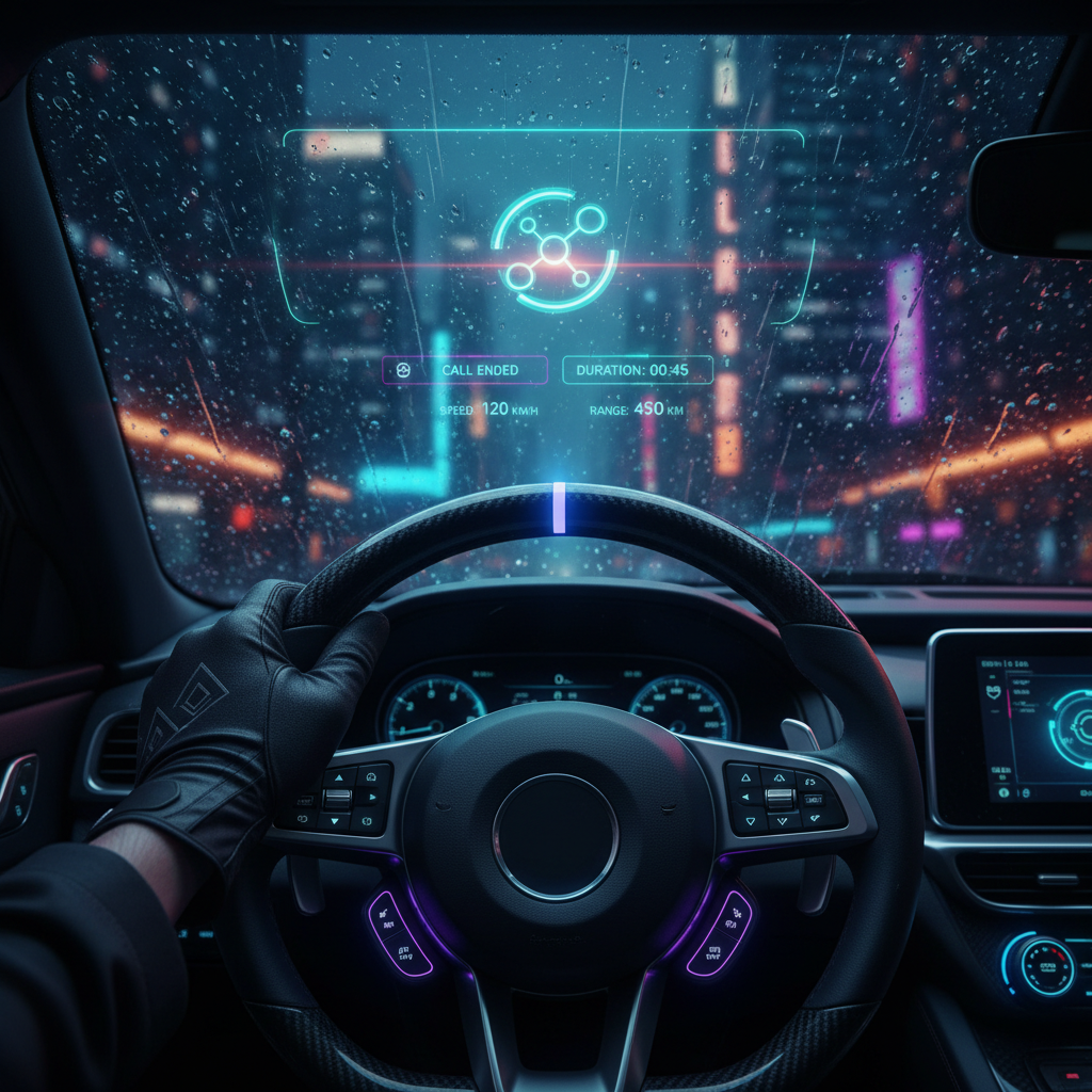 Mano enguantada de una persona conduciendo un coche de noche bajo la lluvia. En el parabrisas se proyecta una interfaz de realidad aumentada que muestra datos como la velocidad (120 KM/H), la autonomía (450 KM) y el fin de una llamada, con un fondo urbano de luces de neón.